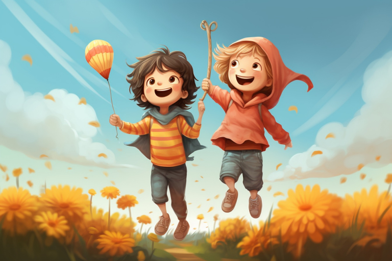 Cartoon two friends jumping in the field of flowers.