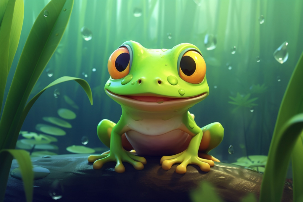 Cartoon cute green frog in the rainy forest.