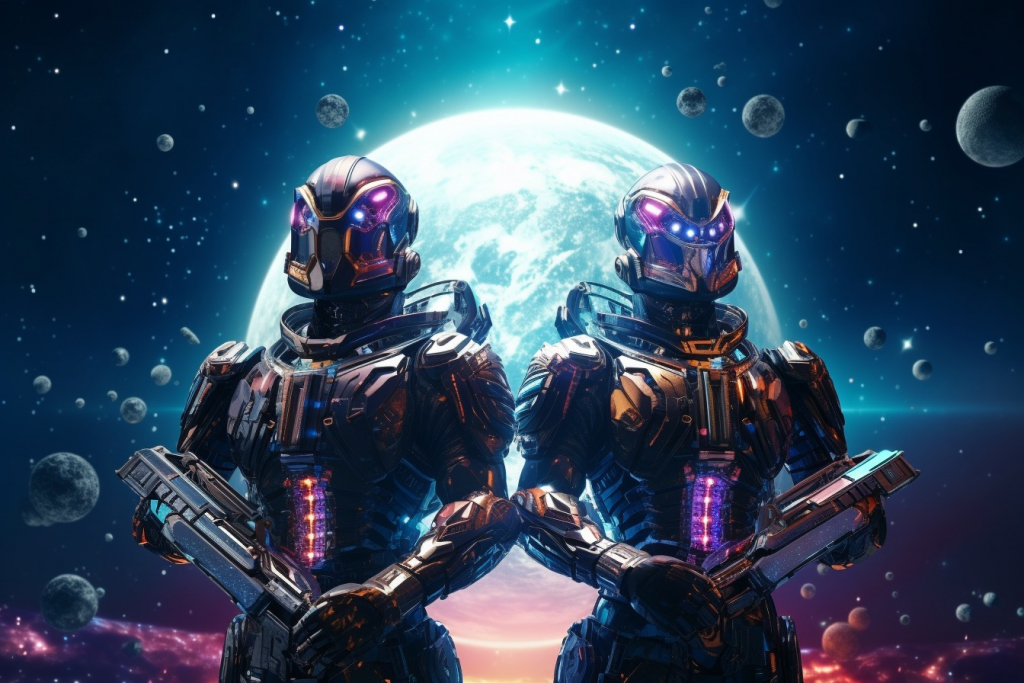 Two futuristic armored bandits with weapons in the space. 