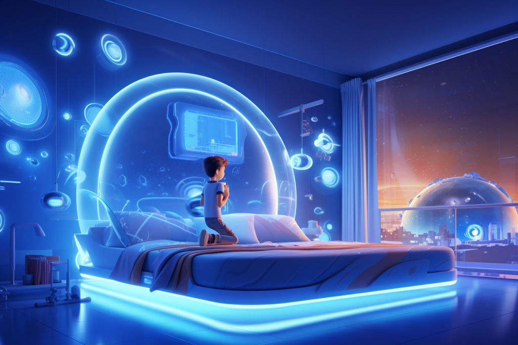 Cartoon futuristic bedroom for kids.
