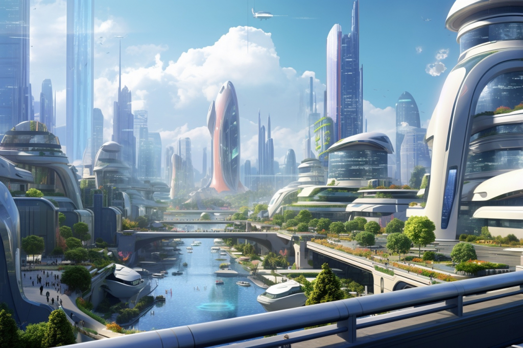 Cartoon futuristic city with high skyscrapers.