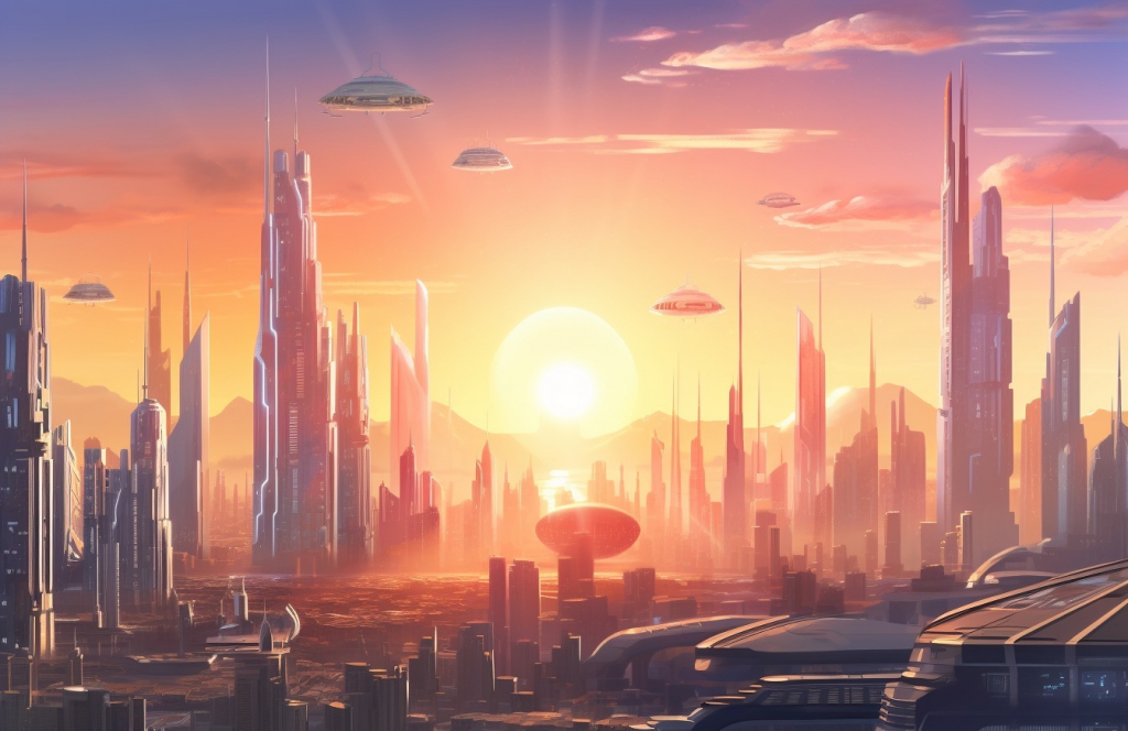 Futuristic city with many futuristic skyscrapers during sunset.