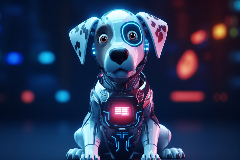 Futuristic robot dog with red led display on his chest.