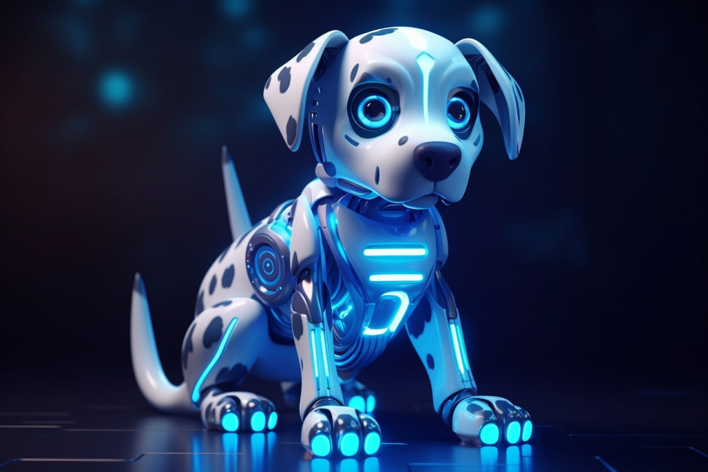 Futuristic robot dog, white-blue with black eyes.