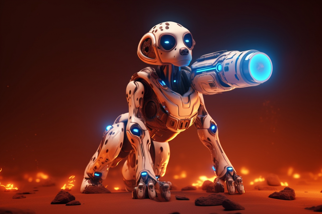 Futuristic robot dog with weapon coming from his shoulder with blue eyes.