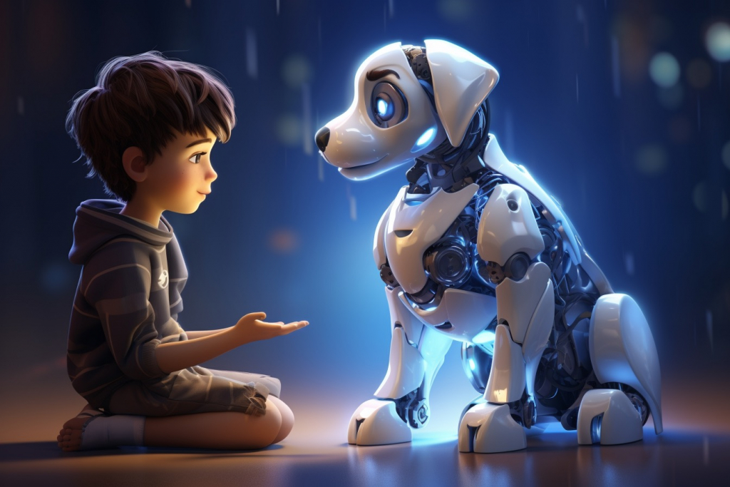 Futuristic robotdog with young boy.