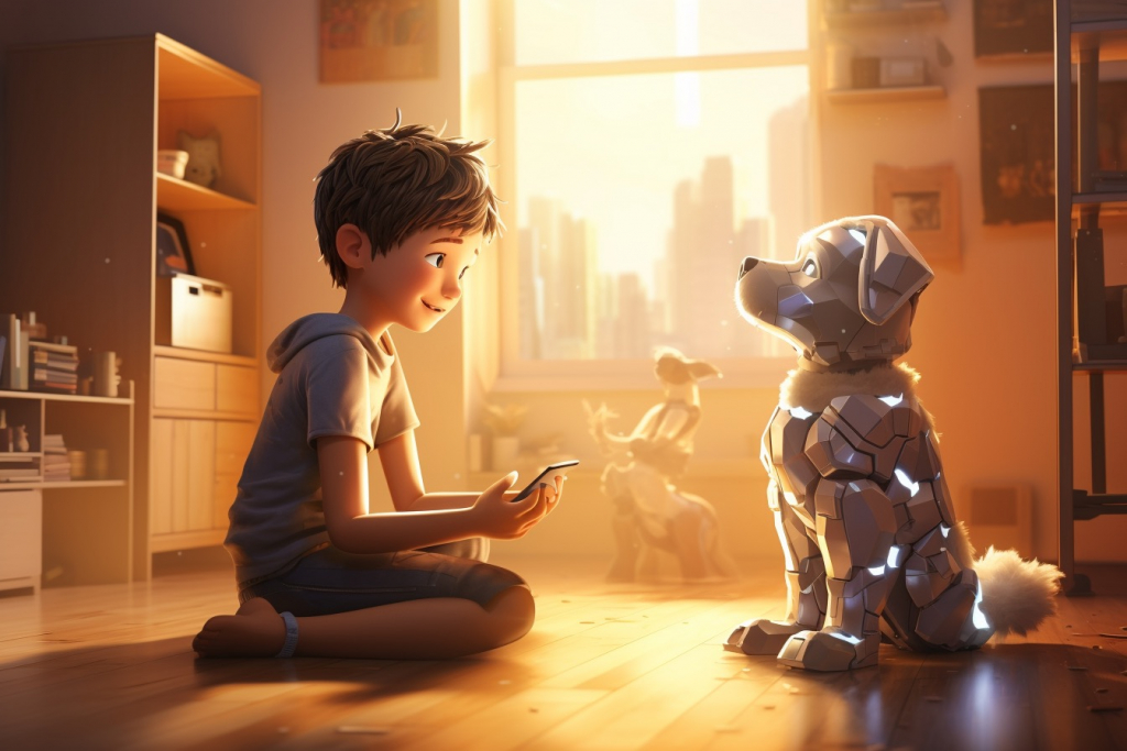 Boy sitting with a futuristic robot dog in a shiny room.