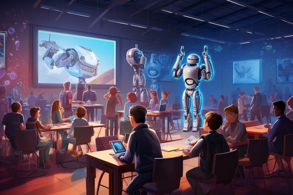 Futuristic classroom with robots.