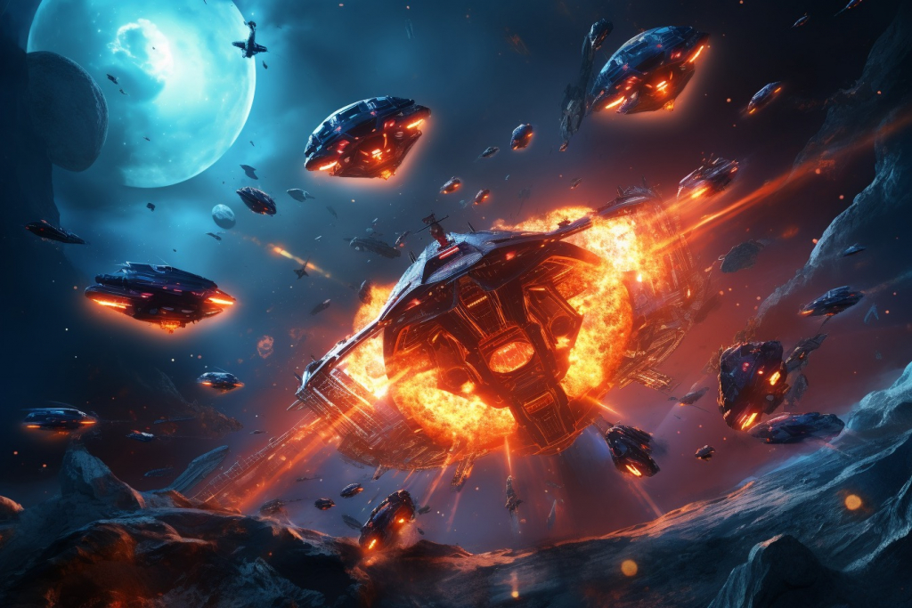 Squad of spaceships firing flames in the space.