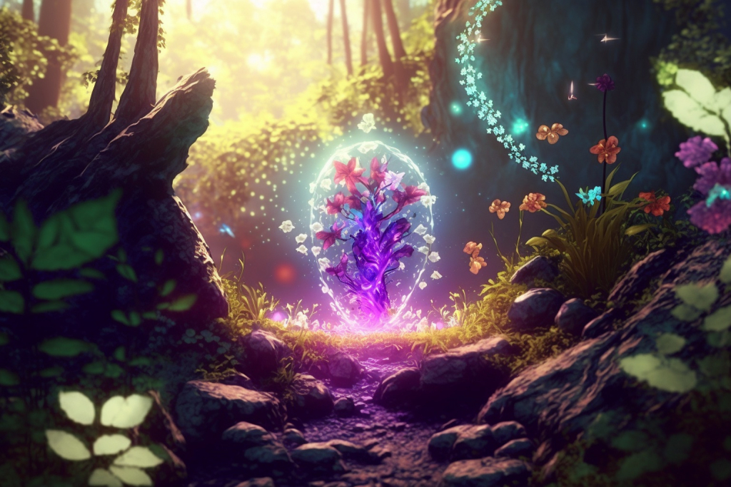 Magic garden with some purple magical glowing plant in the middle of it.