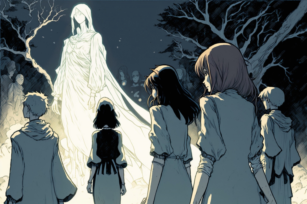 Anime ghost with three persons.