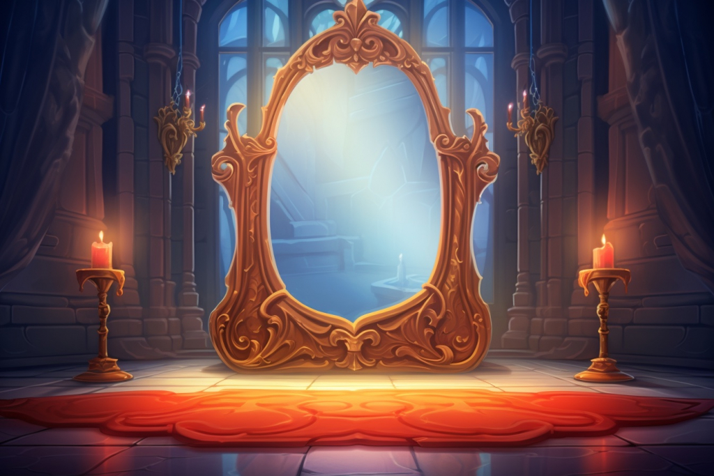 Glowing mystical mirror in a throne room.