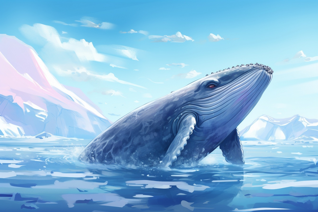 Great cartoon blue whale  in the artic sea.