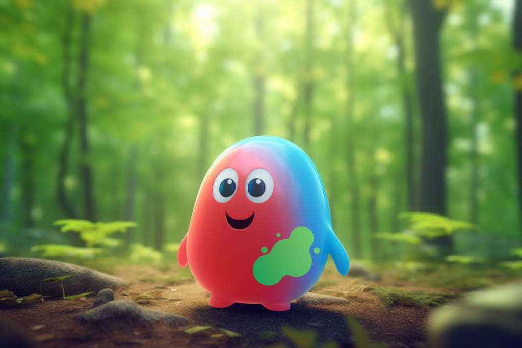 Green, blue, red blob in the forest.
