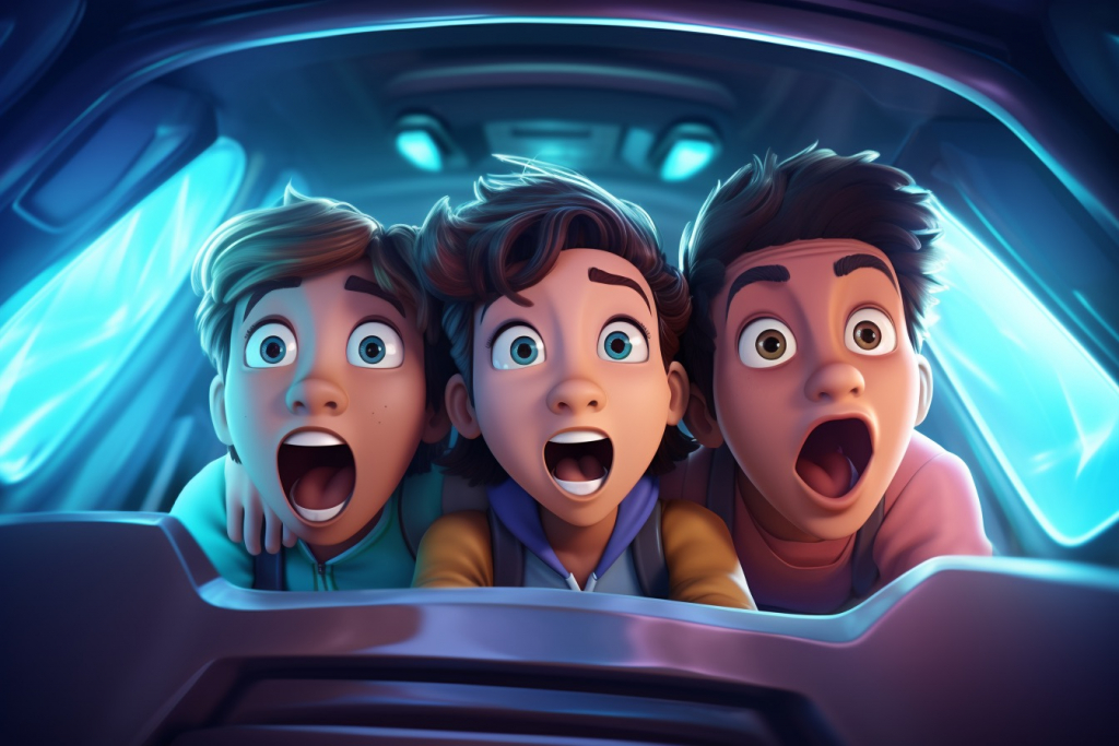 Three scared kids with open mouths in a spaceship. 