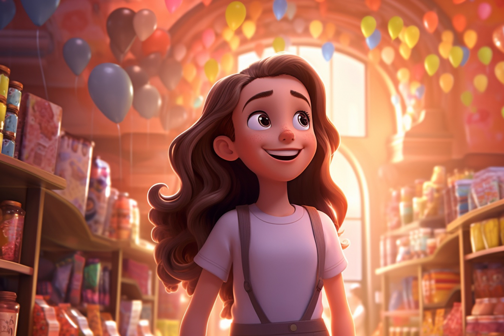 Happy young girl with brown hair smiling in a candy store.