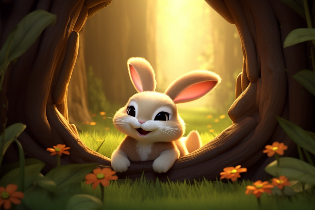 Cartoon cute happy bunny in the forest.