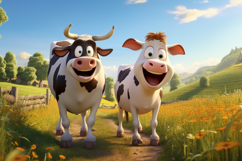Two happy cartoon cute cows standing in the field at farm.