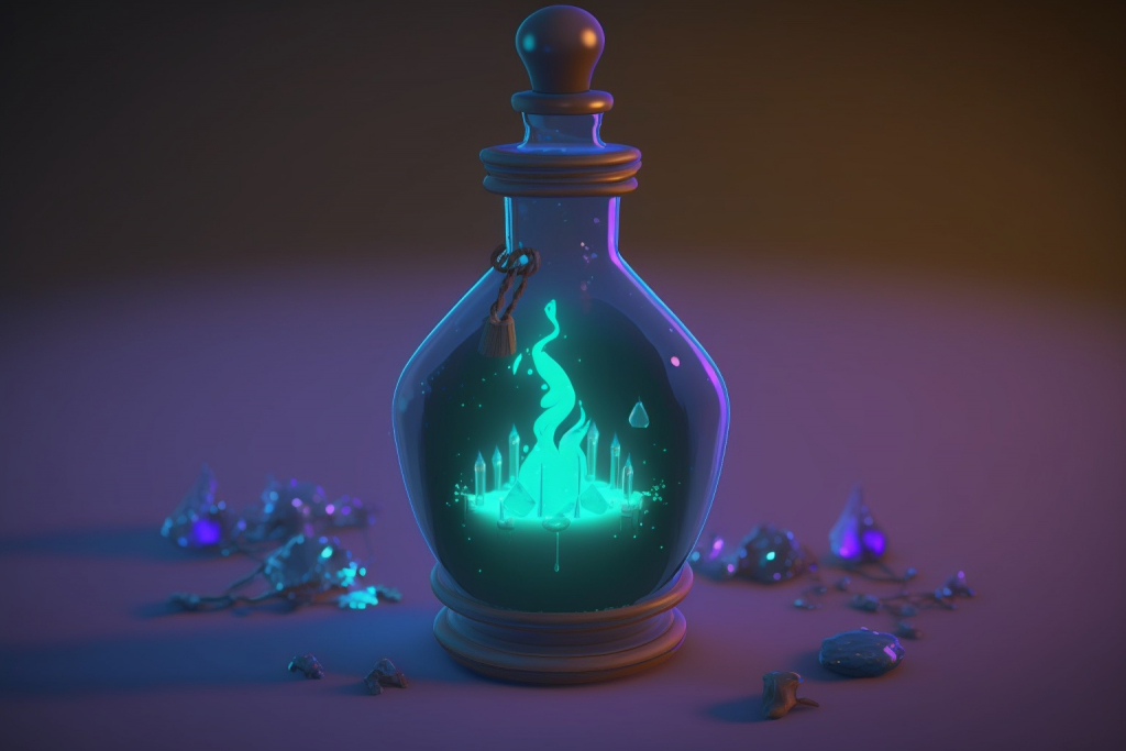 Cartoon healing potion in a magical bottle.