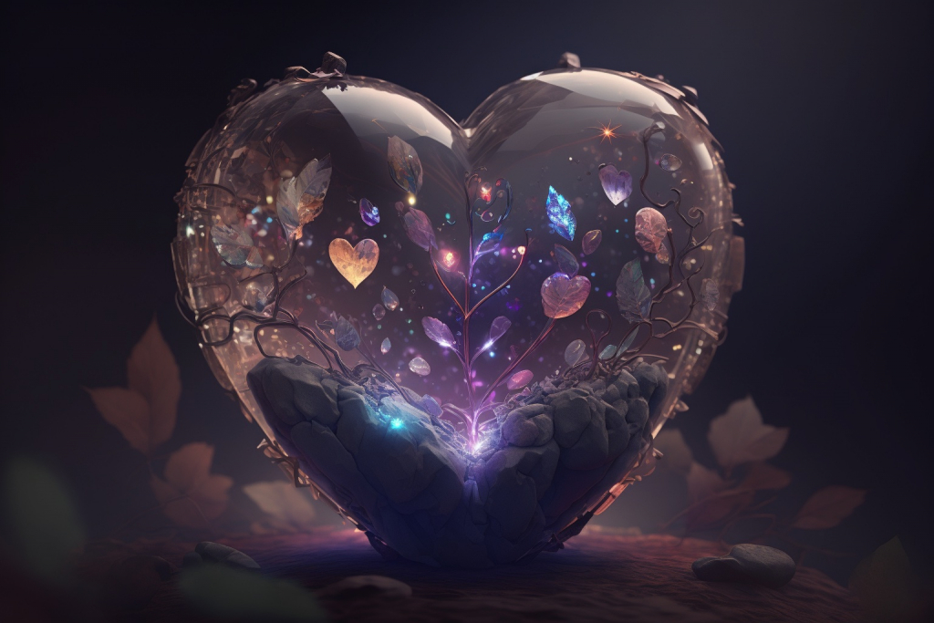 Crystal heart with full of small glowing hearts in a cave.