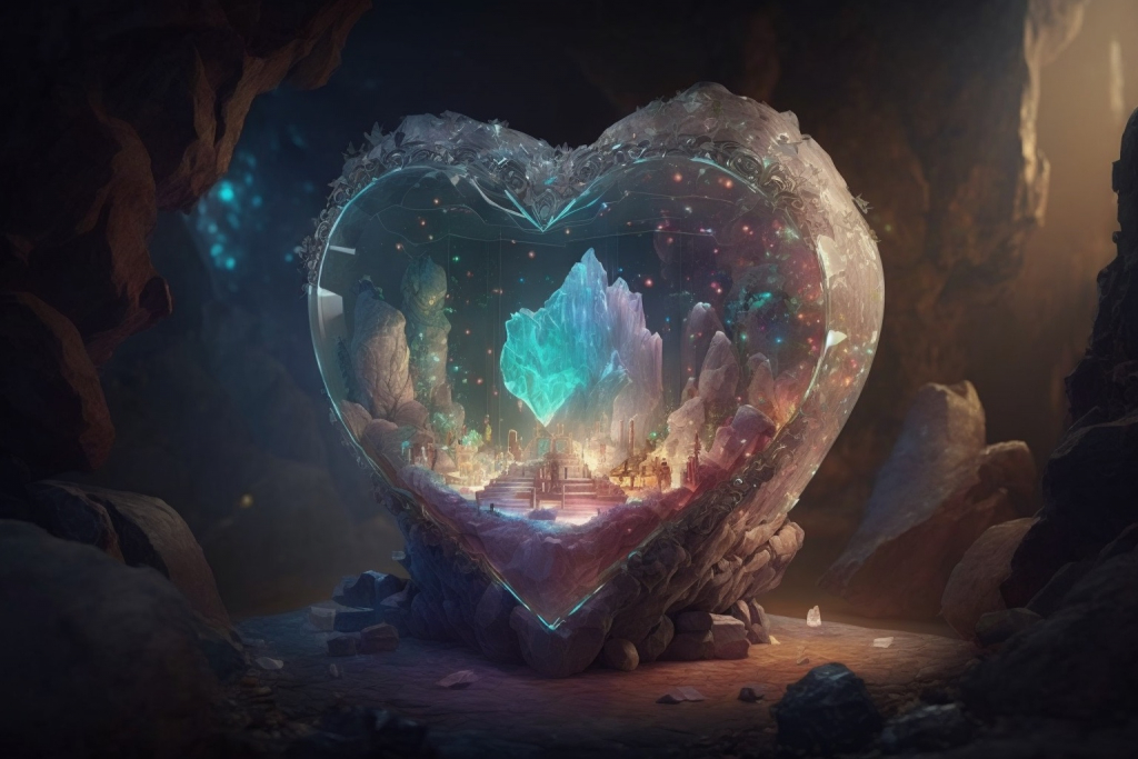 Crystal heart with another small crystal inside of it in a cave.