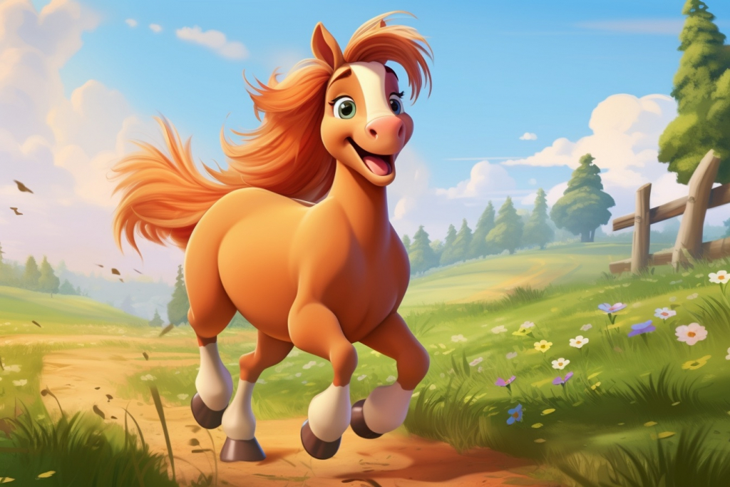 Cartoon happy brown horse in the field.