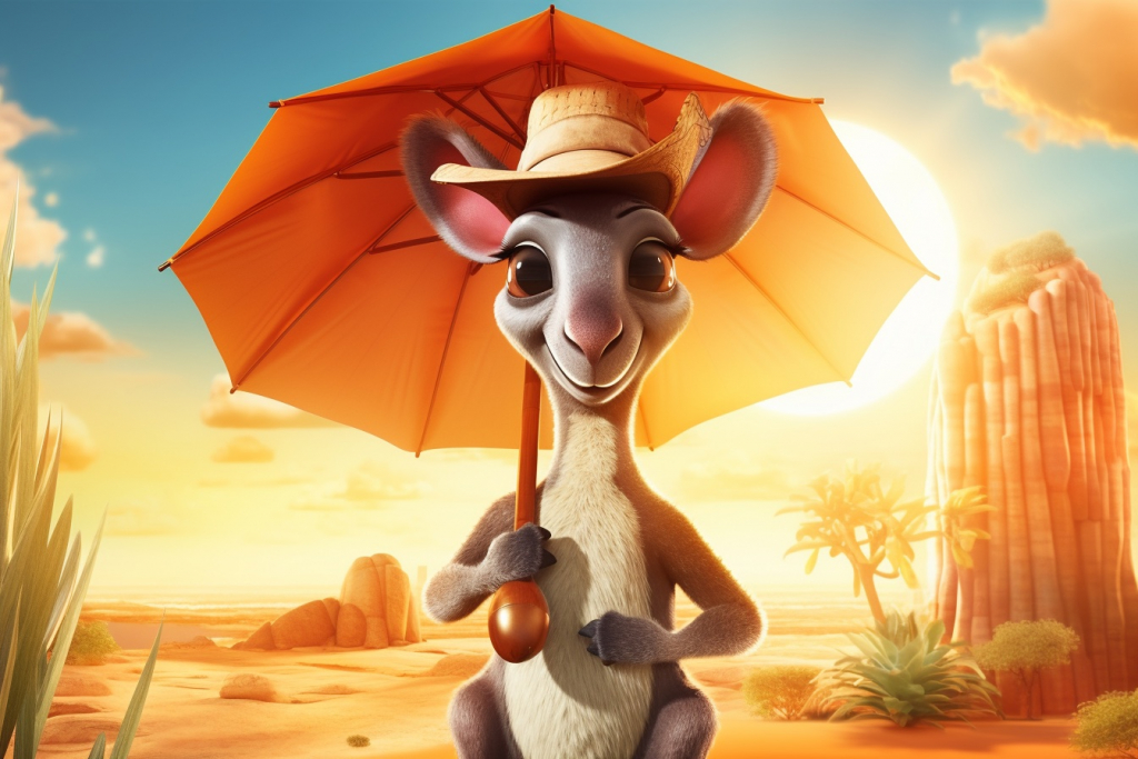 Cartoon smiling kangaroo holding umbrella in the middle of desert.