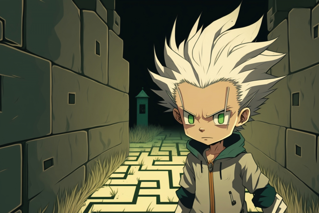 Anime young boy with white hair in a maze.