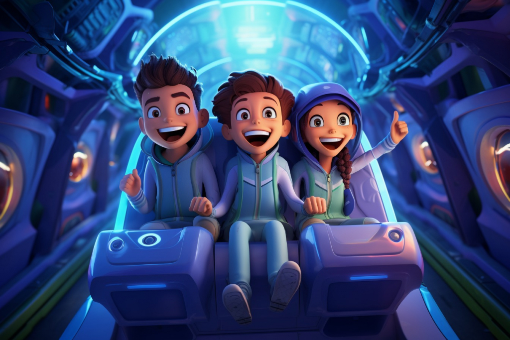 Three kids laughing in futuristic spaceship.