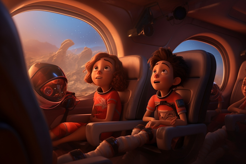 Two kids sitting in a spaceship looking on the roof at Mars.
