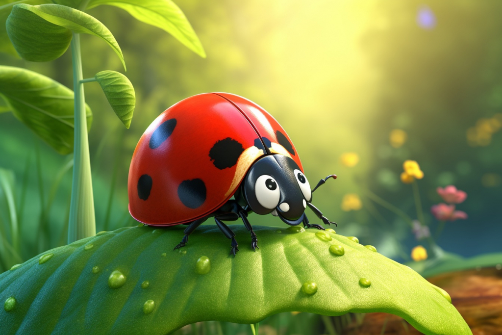 Cartoon ladybug on the leaf.