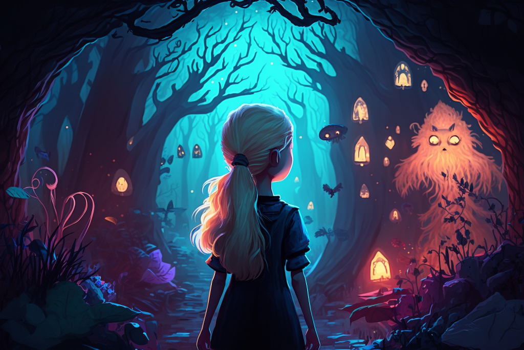 Young blond girl in an enchanted forest.