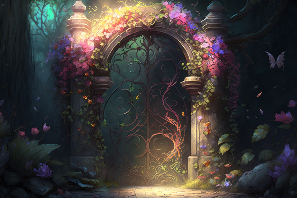 Magical colorful gate full of flowers as a gate to garden.
