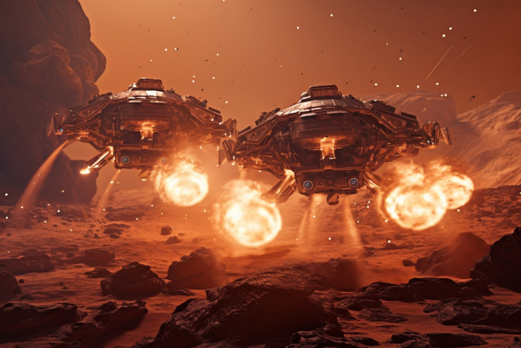 Two hovercrafts with fire weapons on Mars.
