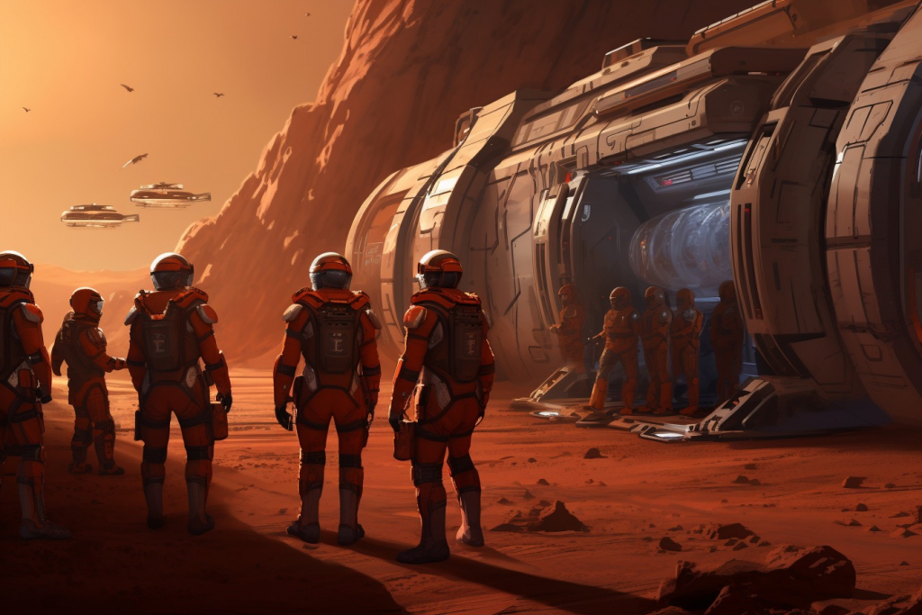 Soldiers in spacesuits by the spaceship on Mars.