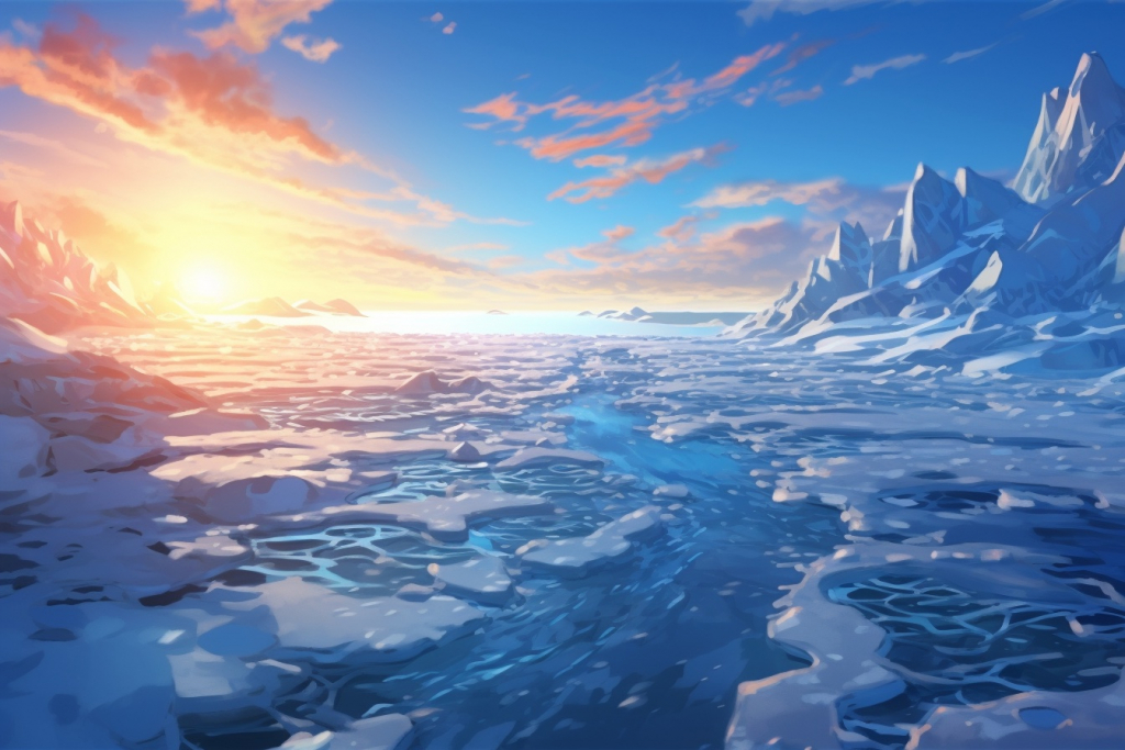 The view of the melting ice and glaciers in the Arctic sea with the sunset.