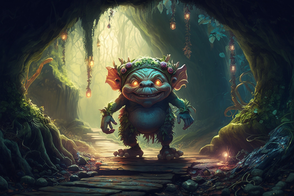 Small mischievous goblin with glowing orange eyes in a forest.