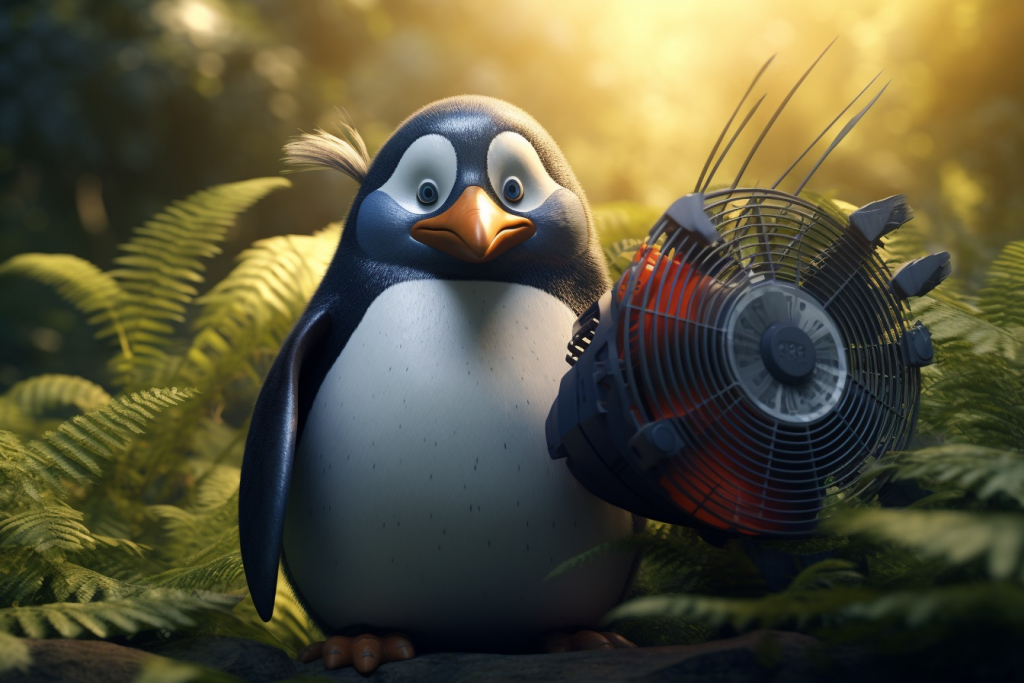 Cartoon penguin holding a fan in a forest.