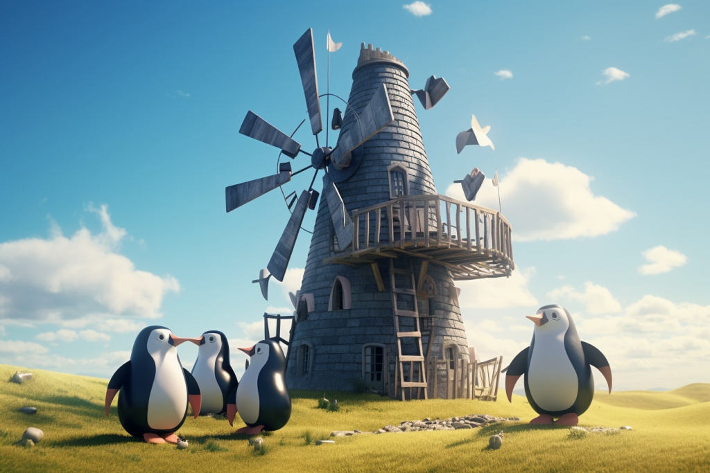 Cartoon penguins around windmill on the green field.