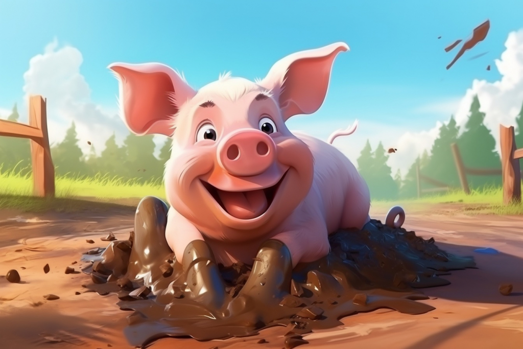 Cartoon pink pig in the mud.