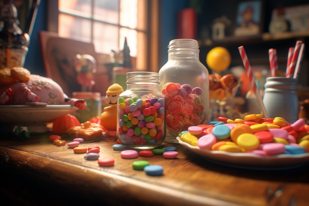 Pile of candy toys and candy on a table.