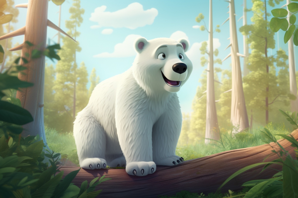 Cute cartoon smiling polar bear standing on the log in the forest.