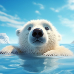 Cartoon polar bear on melted ice in the water.