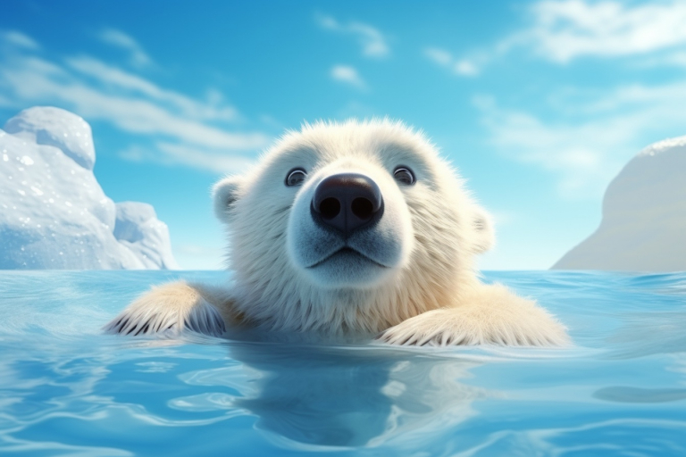 Cartoon polar bear on melted ice in the water.