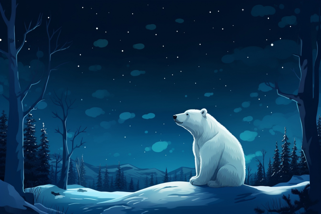 Polar bear with the night sky standing on snow in the forest.