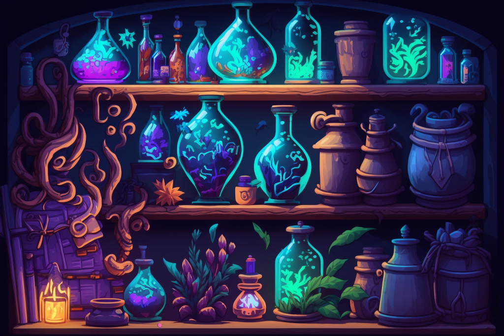 Cartoon colorful magical potions.