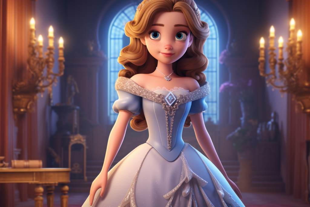 Princess with big blue eyes and white dress in a castle.