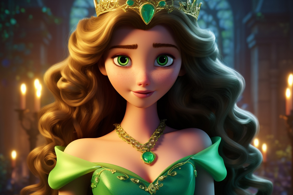 Princess with green eyes and green emerald necklace.