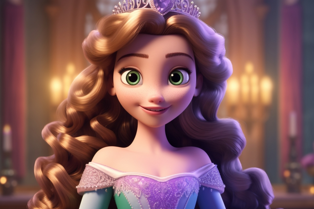 Princess with big green eyes, brown hair and white crown.