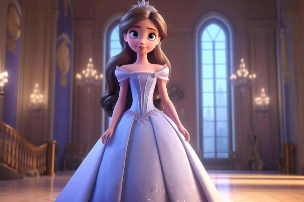Princess with big blue eyes and white dress in a throne room.